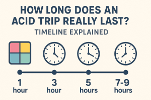 Infographic showing how long an acid trip lasts with timeline stages from 1 to 9 hours explained.