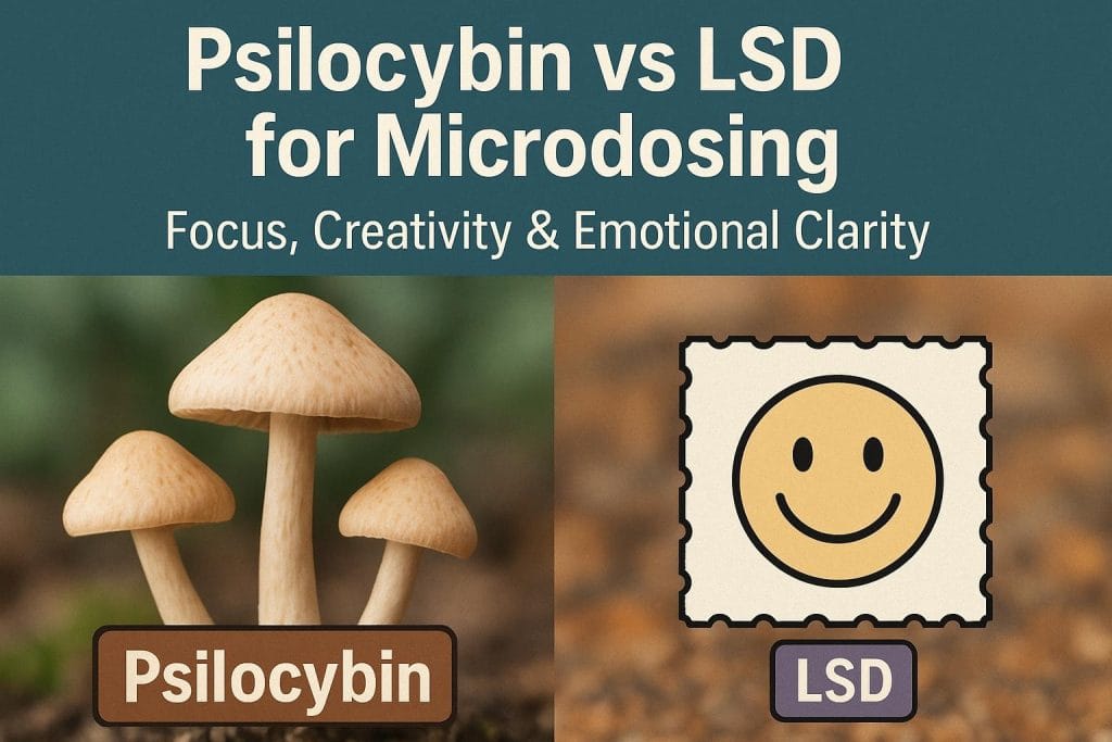 Comparison of psilocybin mushrooms and LSD blotter for microdosing, highlighting benefits for focus, creativity, and emotional clarity