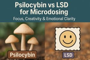 Comparison of psilocybin mushrooms and LSD blotter for microdosing, highlighting benefits for focus, creativity, and emotional clarity