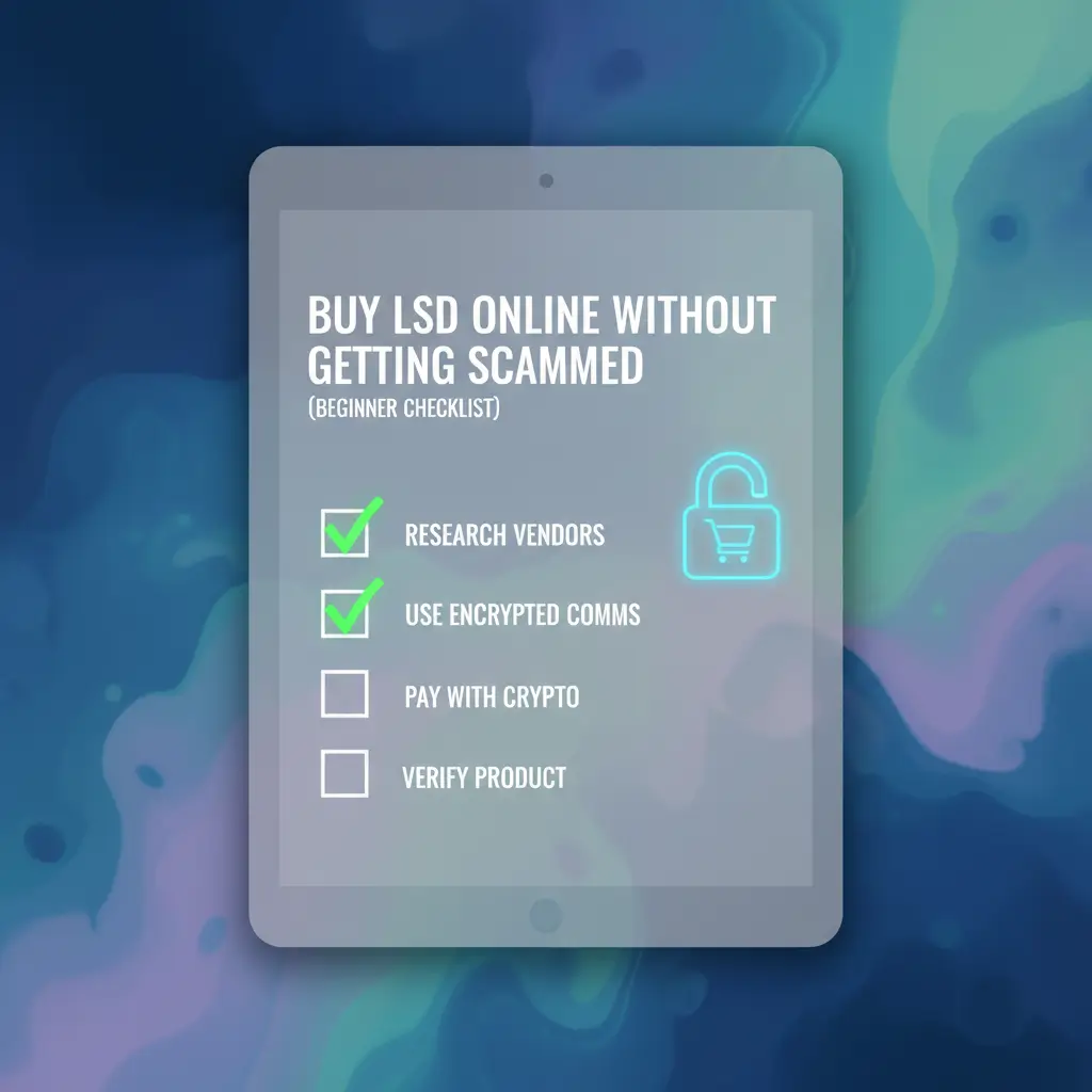 Illustration of a tablet displaying a checklist for "Buy LSD Online Without Getting Scammed," set against an abstract, fluid background