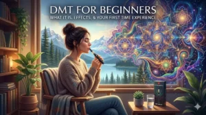 A person sits by a mountain-view window, using a DMT vape pen as vibrant geometric patterns swirl into the air.