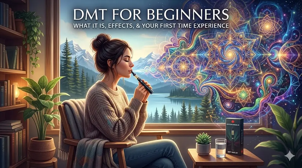 A person sits by a mountain-view window, using a DMT vape pen as vibrant geometric patterns swirl into the air.