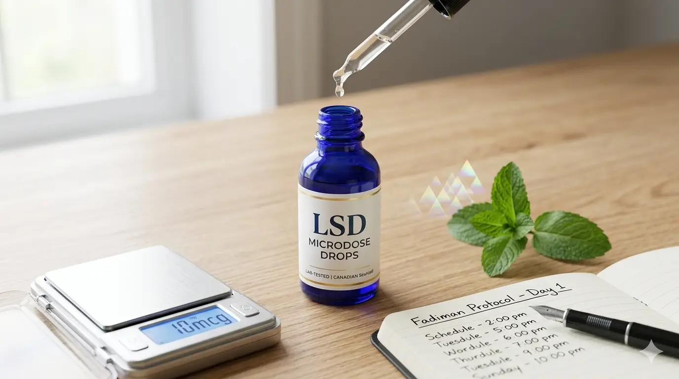 A beginner's LSD microdosing kit featuring a cobalt blue bottle of liquid drops, a precision digital scale reading 10mcg, and a handwritten Fadiman Protocol schedule journal on a wooden desk.