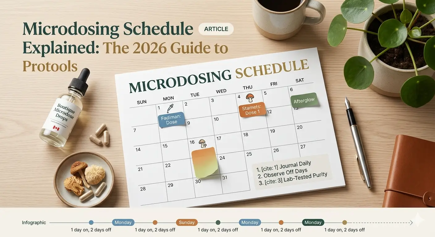 Minimalist open calendar planner on a wood desk, marked with a microdosing schedule (dose days, afterglow, reset days), alongside a dropper bottle of microdose drops, capsules, and a journal