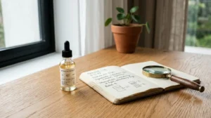 A glass dropper bottle and research journal on a wooden desk representing LSD microdosing science and safety