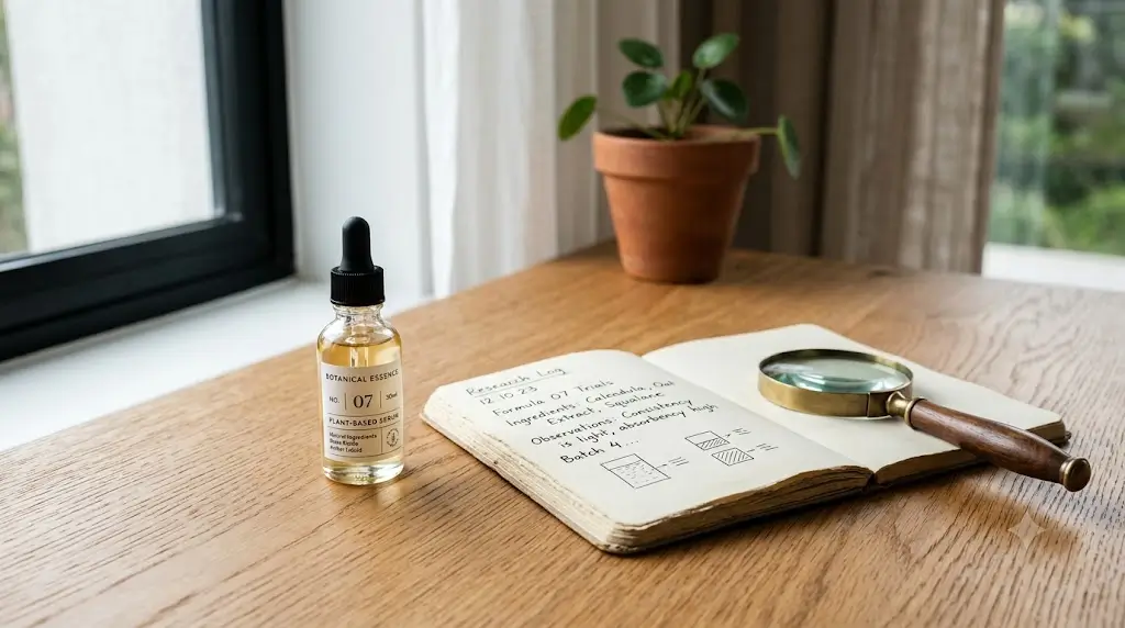 A glass dropper bottle and research journal on a wooden desk representing LSD microdosing science and safety