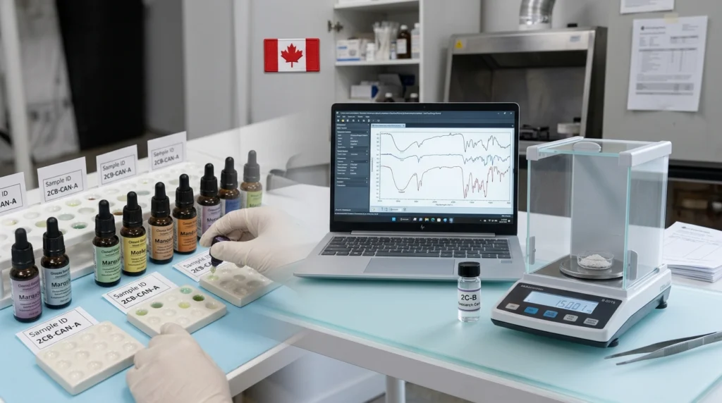 Laboratory harm reduction kit testing a 2C-B sample with Marquis reagent, milligram scale, and spectrometry report.