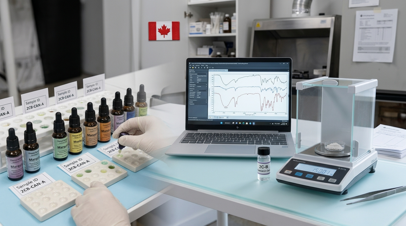 Laboratory harm reduction kit testing a 2C-B sample with Marquis reagent, milligram scale, and spectrometry report.