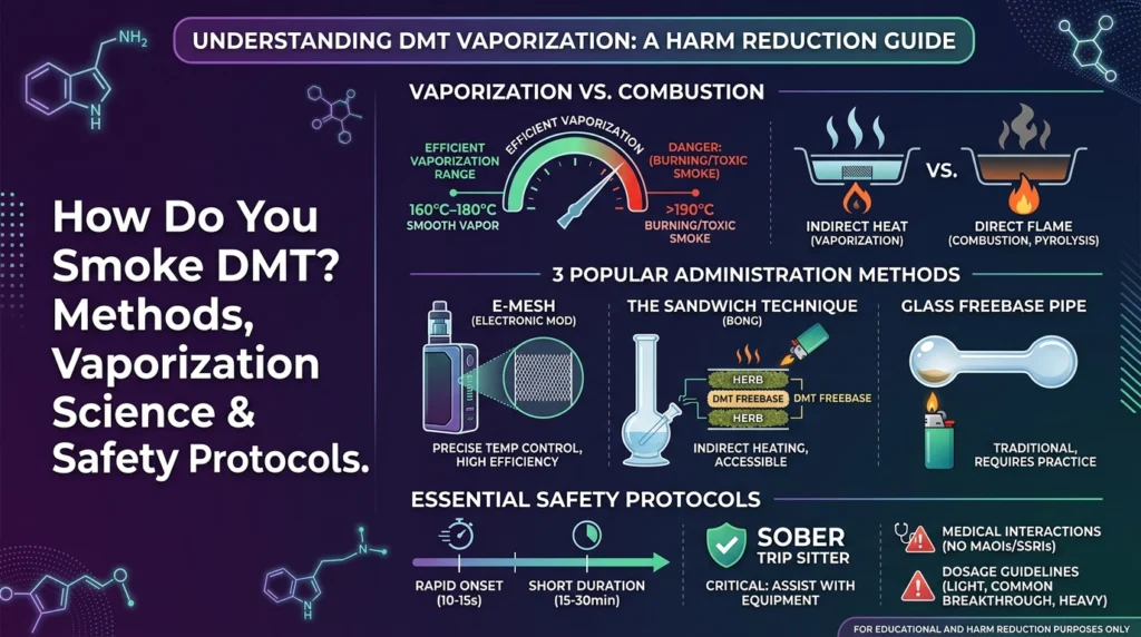 Infographic showing how to smoke DMT safely, covering vaporization temperature control, methods, and trip sitting.