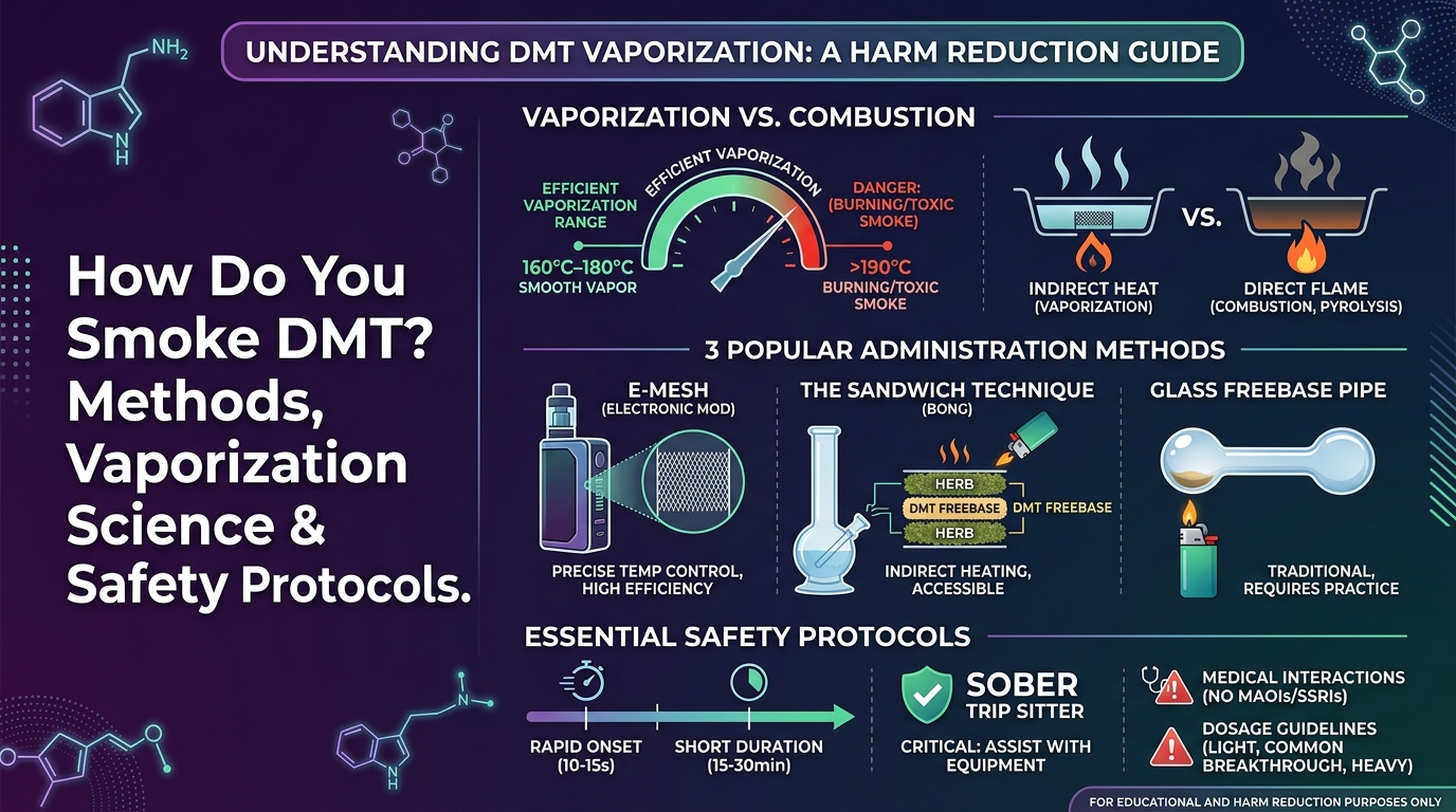 Infographic showing how to smoke DMT safely, covering vaporization temperature control, methods, and trip sitting.