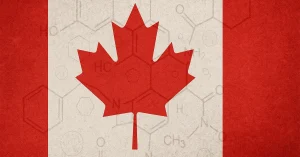 Canadian flag with molecular structures representing LSD legality and psychedelics in Canada 2025