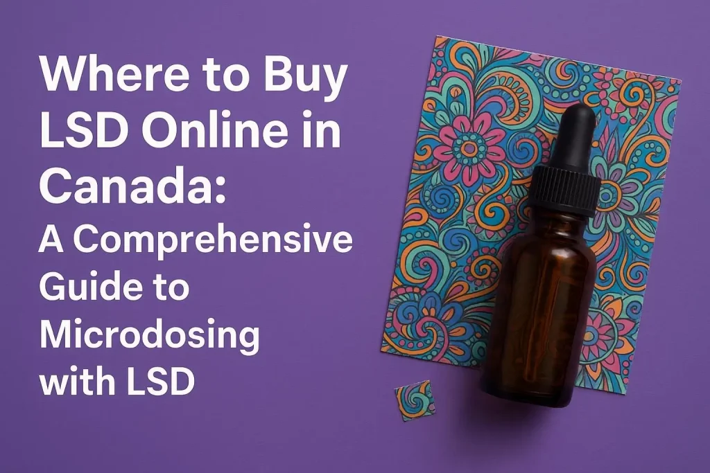 Illustration of Canadian flag with subtle LSD blotter design background, symbolizing safe microdosing and online LSD purchase in Canada