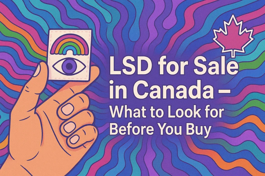 Psychedelic illustration showing a hand holding an LSD blotter with rainbow and eye design, symbolizing buying LSD safely in Canada.