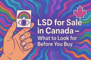 Psychedelic illustration showing a hand holding an LSD blotter with rainbow and eye design, symbolizing buying LSD safely in Canada.