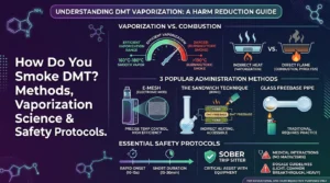 Infographic showing how to smoke DMT safely, covering vaporization temperature control, methods, and trip sitting.