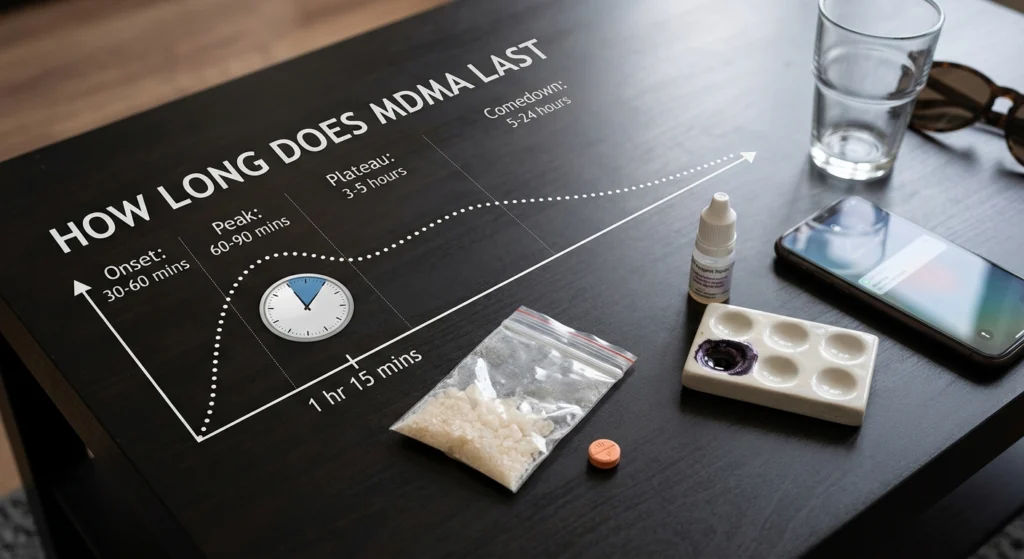 Realistic timeline graphic illustrating how long MDMA effects last.