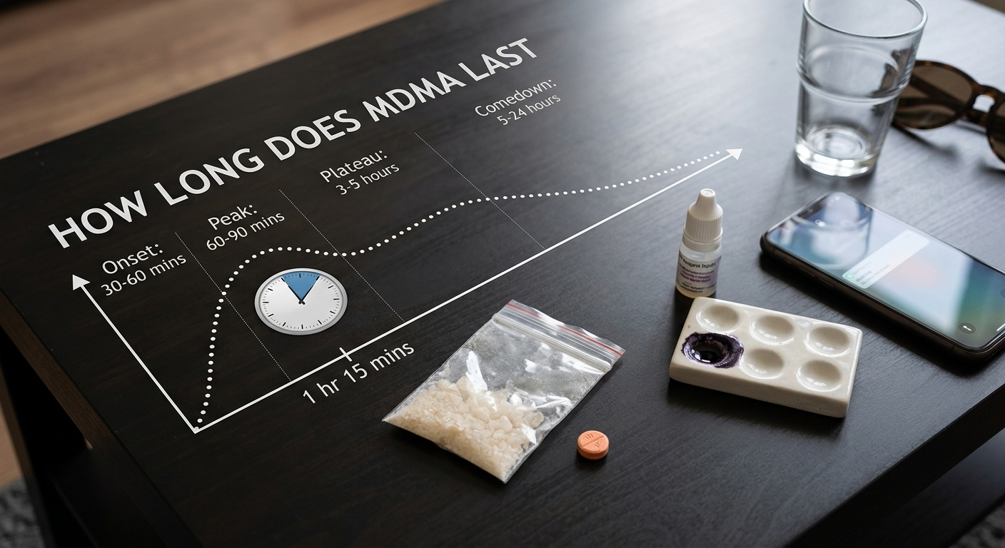 Realistic timeline graphic illustrating how long MDMA effects last.