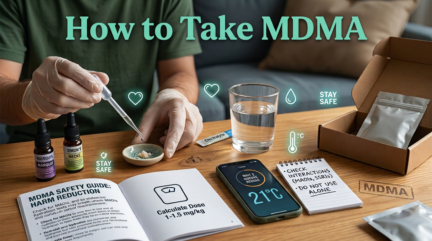 A person using a precision scale to weigh dried magic mushrooms for a dosage guide.