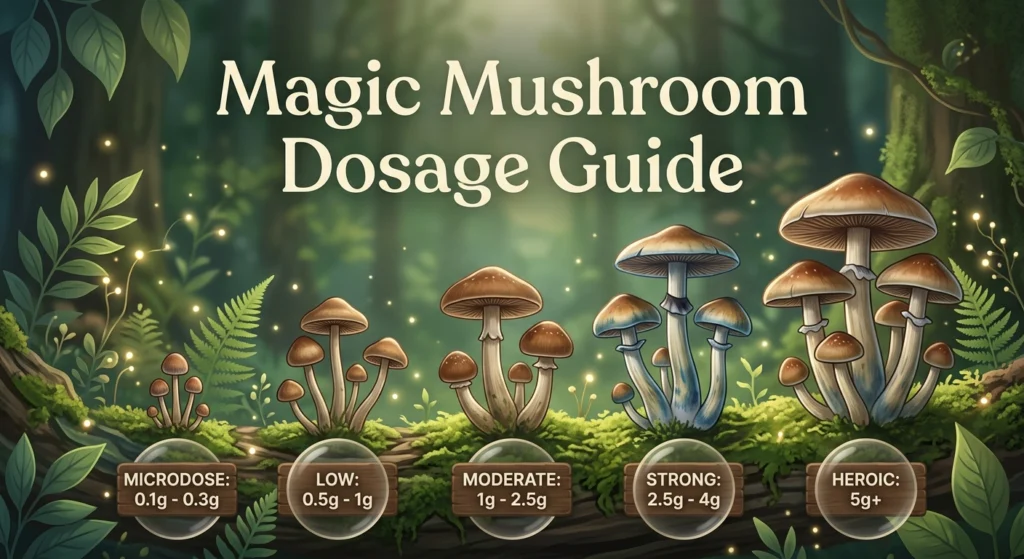 An infographic showing different mushroom clusters representing to magic mushrooms dosage guide.